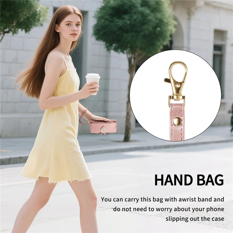 For iPhone 16e Stand Case Leaf Shape Magnetic Clasp Leather Phone Cover with Hand Strap - Rose Gold
