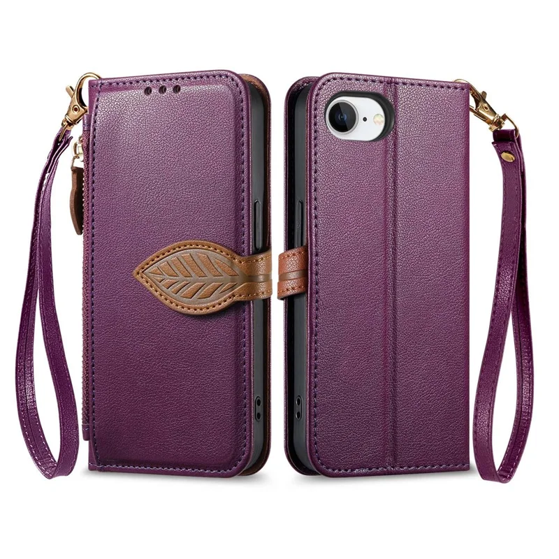 For iPhone 17e / 16e Stand Case Leaf Shape Magnetic Clasp Leather Phone Cover with Hand Strap - Purple