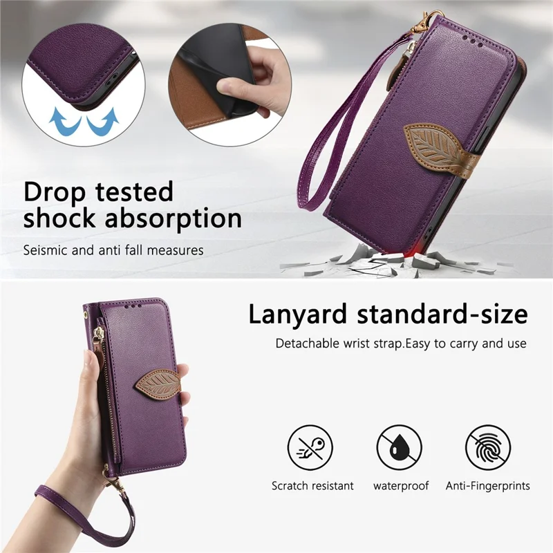 For iPhone 17e / 16e Stand Case Leaf Shape Magnetic Clasp Leather Phone Cover with Hand Strap - Purple