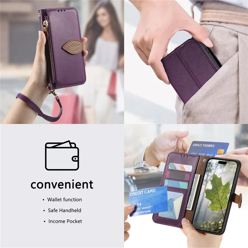 For iPhone 17e / 16e Stand Case Leaf Shape Magnetic Clasp Leather Phone Cover with Hand Strap - Purple