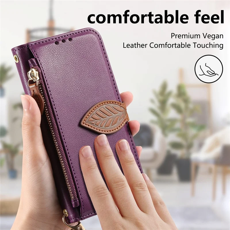 For iPhone 17e / 16e Stand Case Leaf Shape Magnetic Clasp Leather Phone Cover with Hand Strap - Purple