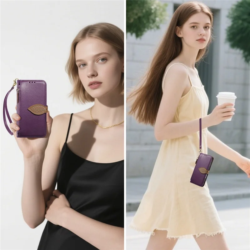 For iPhone 17e / 16e Stand Case Leaf Shape Magnetic Clasp Leather Phone Cover with Hand Strap - Purple