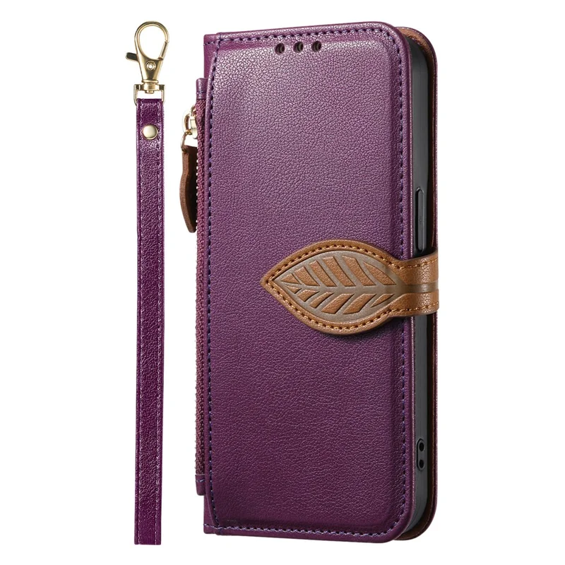 For iPhone 17e / 16e Stand Case Leaf Shape Magnetic Clasp Leather Phone Cover with Hand Strap - Purple