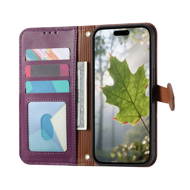 For iPhone 17e / 16e Stand Case Leaf Shape Magnetic Clasp Leather Phone Cover with Hand Strap - Purple