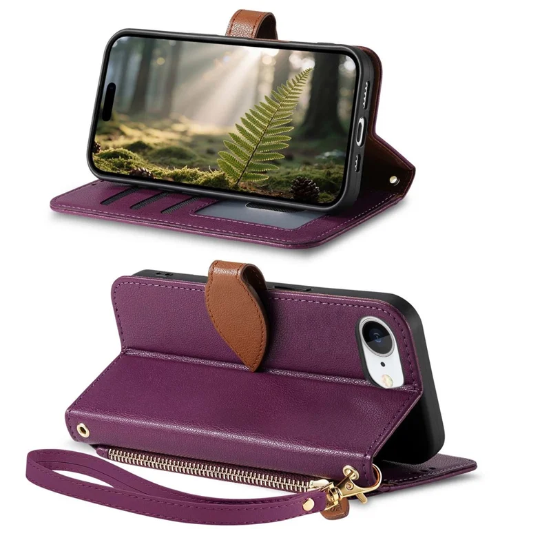 For iPhone 17e / 16e Stand Case Leaf Shape Magnetic Clasp Leather Phone Cover with Hand Strap - Purple
