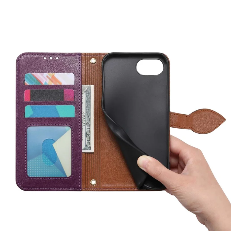 For iPhone 17e / 16e Stand Case Leaf Shape Magnetic Clasp Leather Phone Cover with Hand Strap - Purple