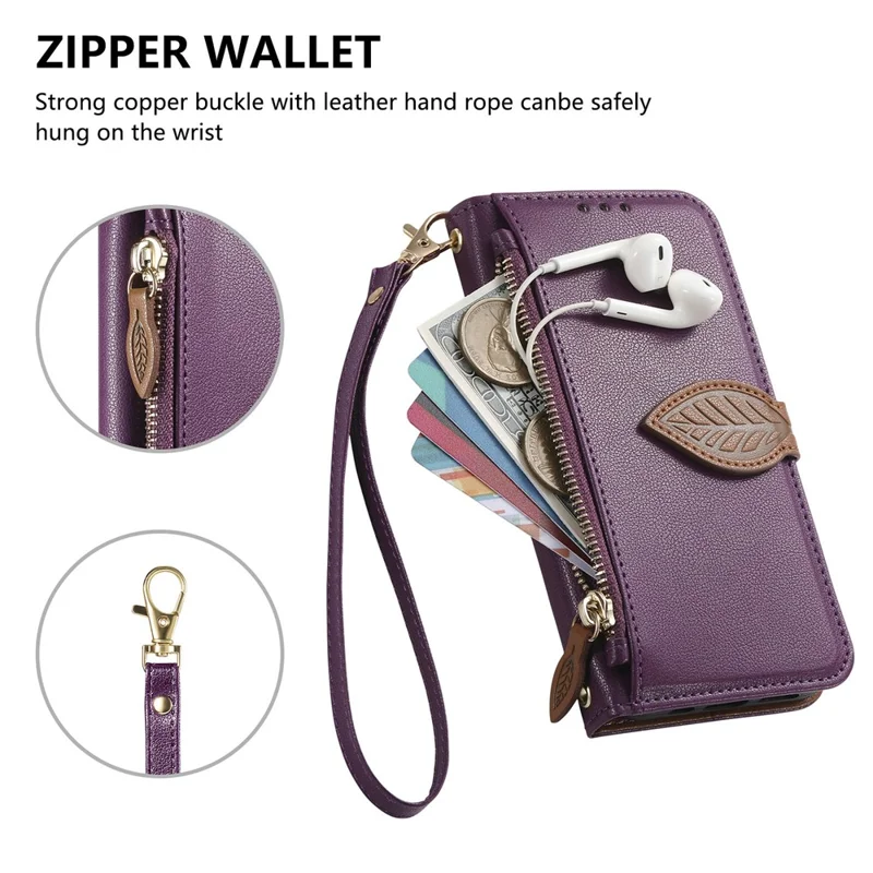 For iPhone 17e / 16e Stand Case Leaf Shape Magnetic Clasp Leather Phone Cover with Hand Strap - Purple