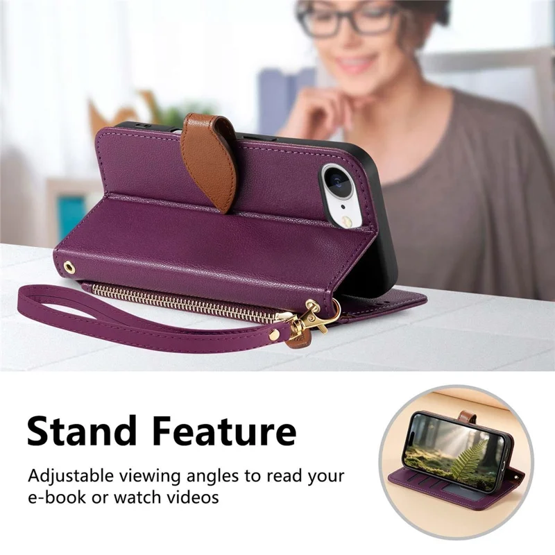 For iPhone 17e / 16e Stand Case Leaf Shape Magnetic Clasp Leather Phone Cover with Hand Strap - Purple