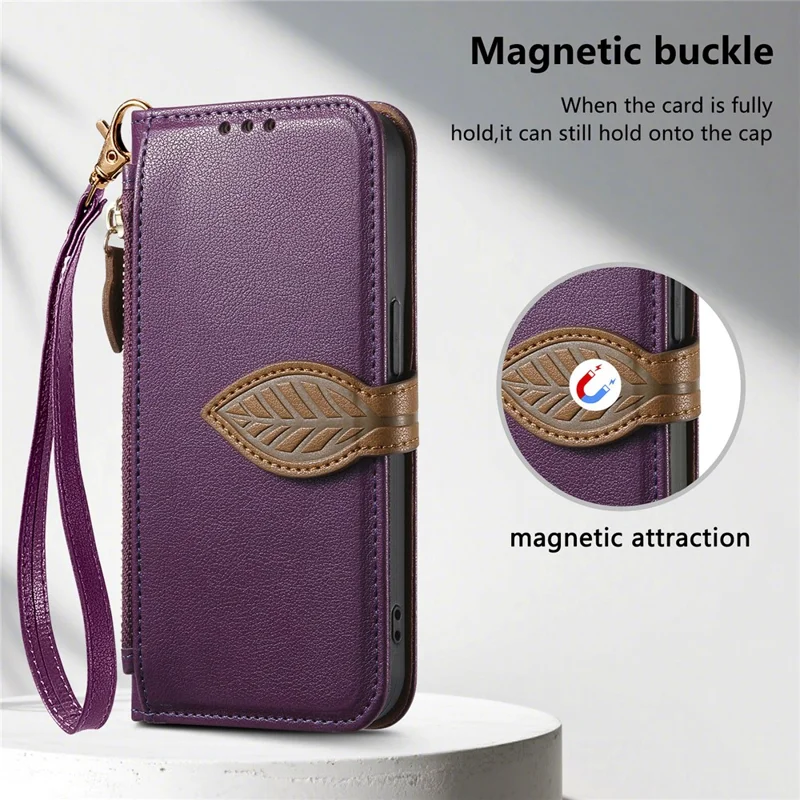 For iPhone 17e / 16e Stand Case Leaf Shape Magnetic Clasp Leather Phone Cover with Hand Strap - Purple