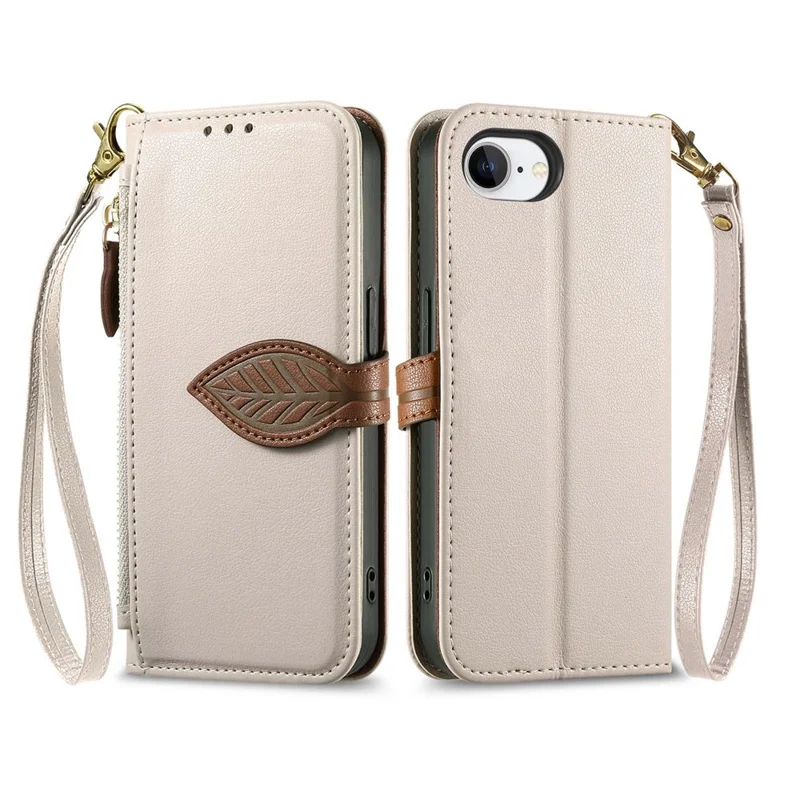 For iPhone 17e / 16e Stand Case Leaf Shape Magnetic Clasp Leather Phone Cover with Hand Strap - Beige