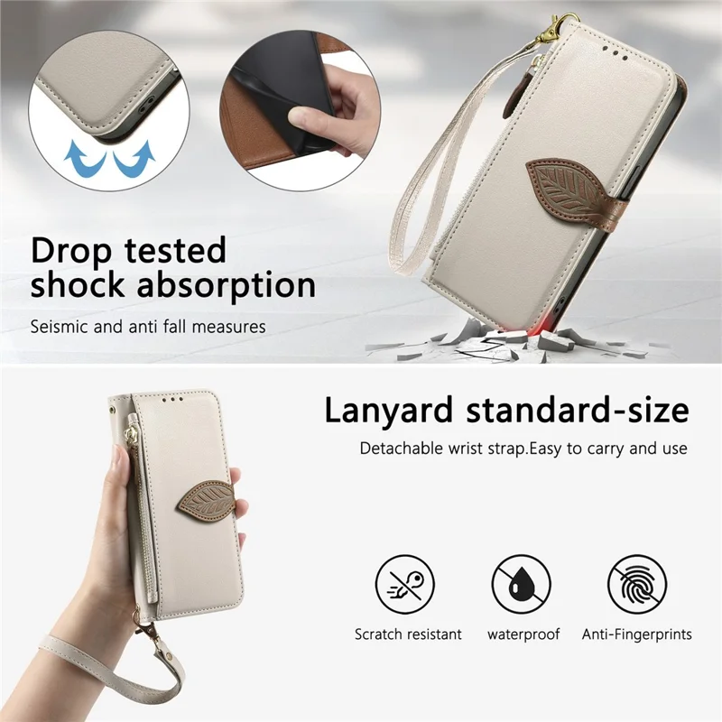 For iPhone 17e / 16e Stand Case Leaf Shape Magnetic Clasp Leather Phone Cover with Hand Strap - Beige