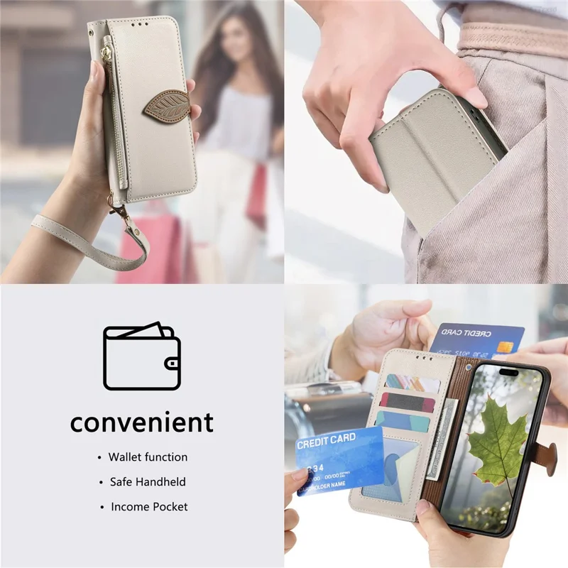 For iPhone 17e / 16e Stand Case Leaf Shape Magnetic Clasp Leather Phone Cover with Hand Strap - Beige