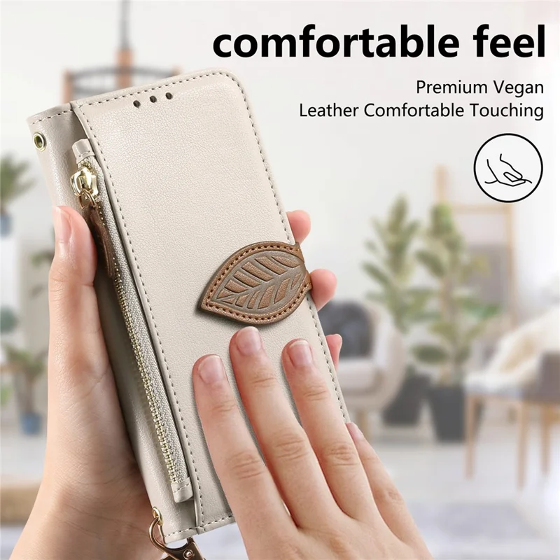 For iPhone 17e / 16e Stand Case Leaf Shape Magnetic Clasp Leather Phone Cover with Hand Strap - Beige