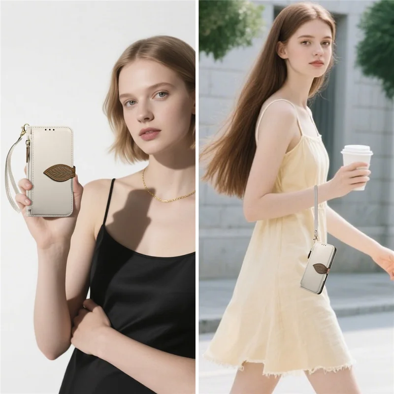 For iPhone 17e / 16e Stand Case Leaf Shape Magnetic Clasp Leather Phone Cover with Hand Strap - Beige