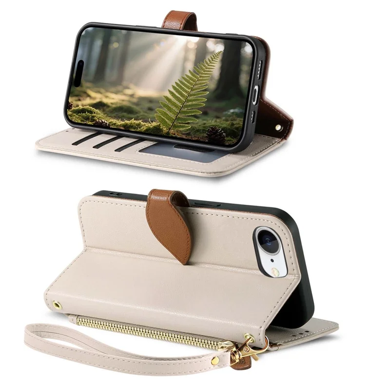 For iPhone 17e / 16e Stand Case Leaf Shape Magnetic Clasp Leather Phone Cover with Hand Strap - Beige