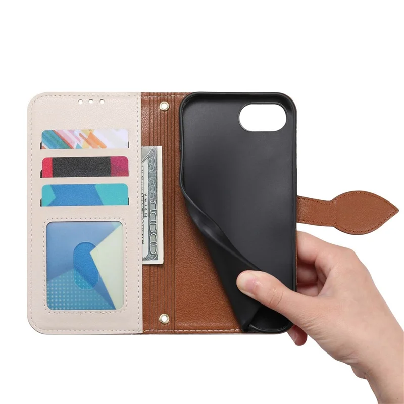 For iPhone 17e / 16e Stand Case Leaf Shape Magnetic Clasp Leather Phone Cover with Hand Strap - Beige