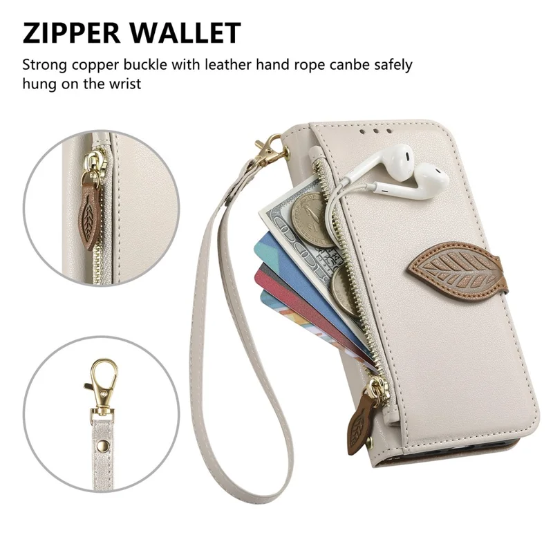 For iPhone 17e / 16e Stand Case Leaf Shape Magnetic Clasp Leather Phone Cover with Hand Strap - Beige
