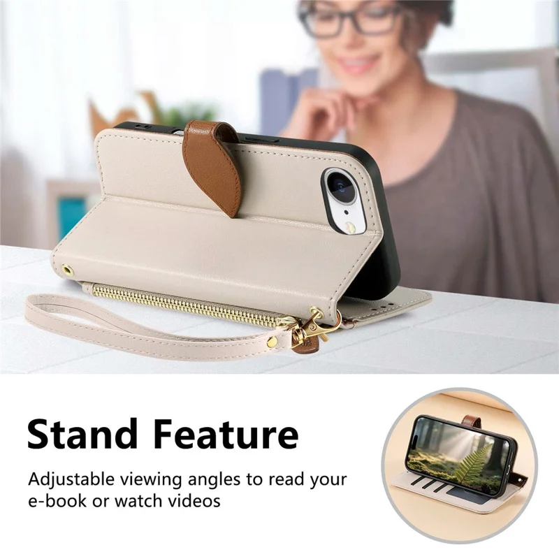 For iPhone 17e / 16e Stand Case Leaf Shape Magnetic Clasp Leather Phone Cover with Hand Strap - Beige