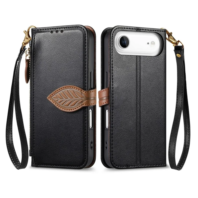 iPhone Air Ständer Hülle Blattform Magnetverschluss Leder Handyhülle mit Handschlaufe - Schwarz