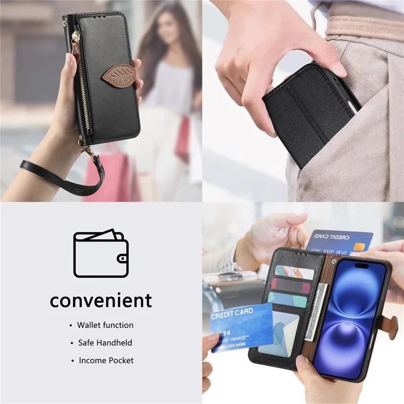 iPhone Air Ständer Hülle Blattform Magnetverschluss Leder Handyhülle mit Handschlaufe - Schwarz