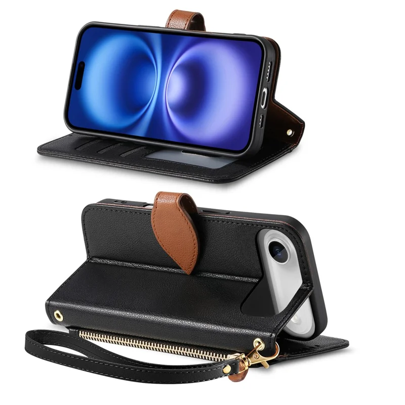 iPhone Air Ständer Hülle Blattform Magnetverschluss Leder Handyhülle mit Handschlaufe - Schwarz