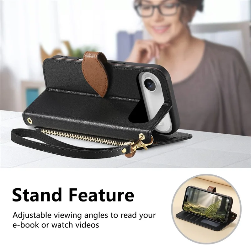 iPhone Air Ständer Hülle Blattform Magnetverschluss Leder Handyhülle mit Handschlaufe - Schwarz