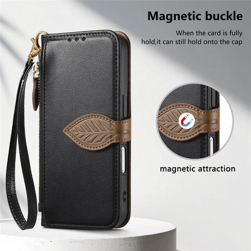 iPhone Air Ständer Hülle Blattform Magnetverschluss Leder Handyhülle mit Handschlaufe - Schwarz