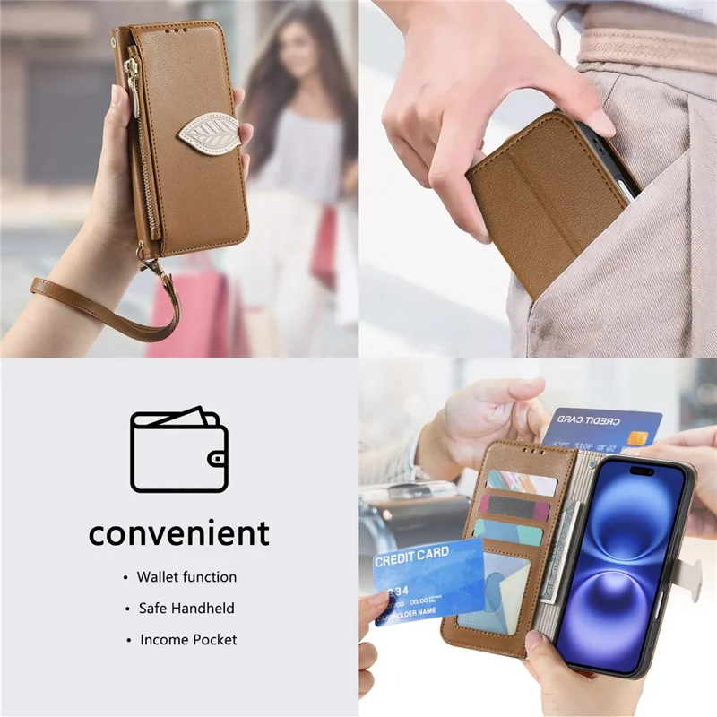 For iPhone 17 Pro Stand Case Leaf Shape Magnetic Clasp Leather Phone Cover with Hand Strap - Brown