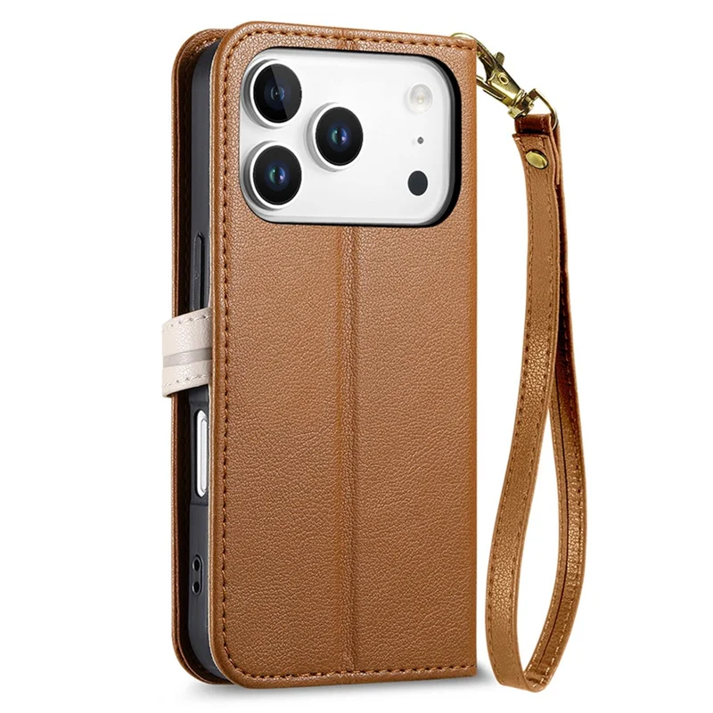 For iPhone 17 Pro Stand Case Leaf Shape Magnetic Clasp Leather Phone Cover with Hand Strap - Brown