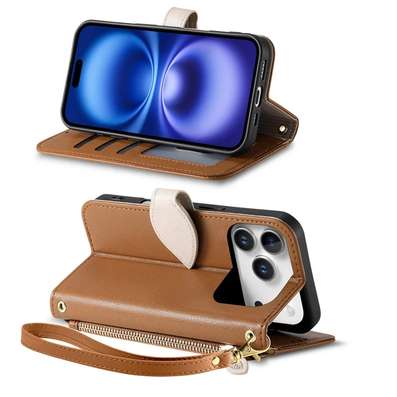 For iPhone 17 Pro Stand Case Leaf Shape Magnetic Clasp Leather Phone Cover with Hand Strap - Brown