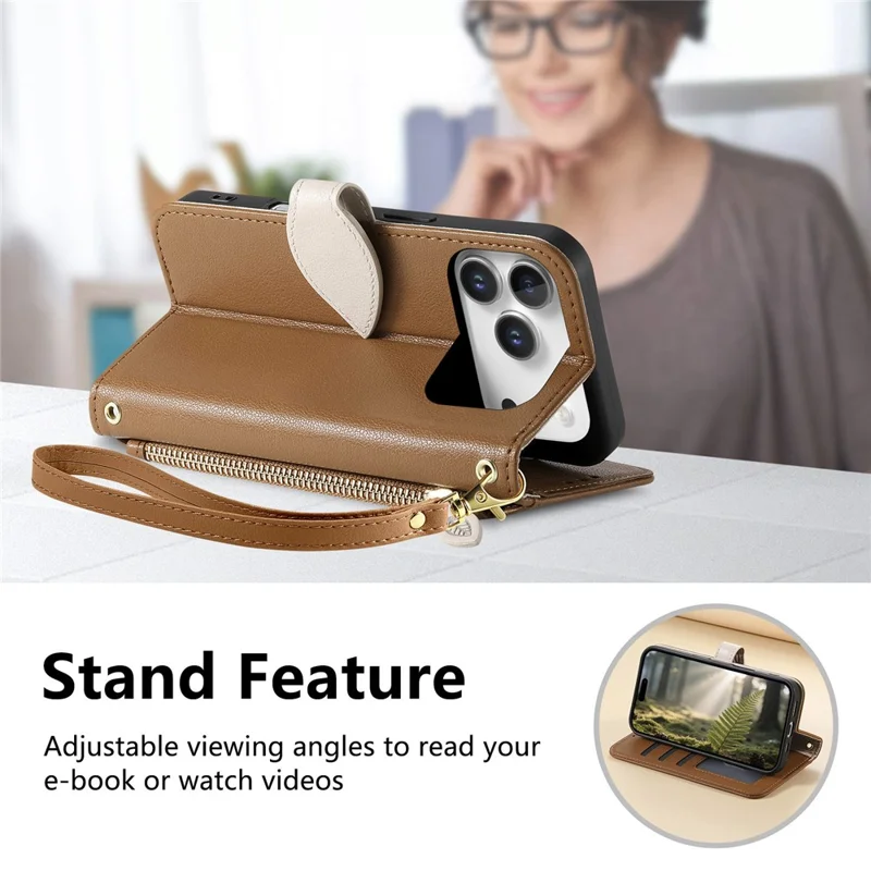 For iPhone 17 Pro Stand Case Leaf Shape Magnetic Clasp Leather Phone Cover with Hand Strap - Brown