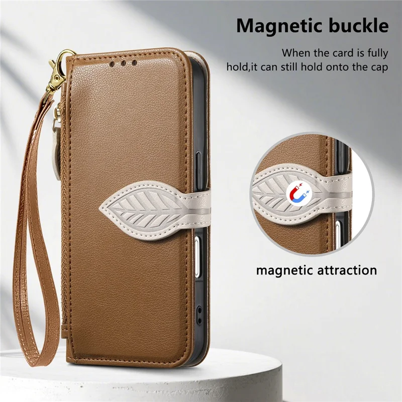 For iPhone 17 Pro Stand Case Leaf Shape Magnetic Clasp Leather Phone Cover with Hand Strap - Brown