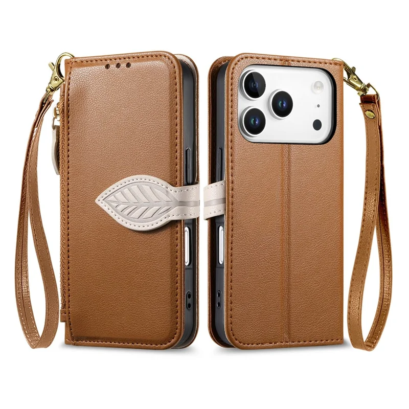 For iPhone 17 Pro Max Stand Case Leaf Shape Magnetic Clasp Leather Phone Cover with Hand Strap - Brown