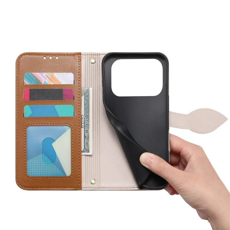 For iPhone 17 Pro Max Stand Case Leaf Shape Magnetic Clasp Leather Phone Cover with Hand Strap - Brown