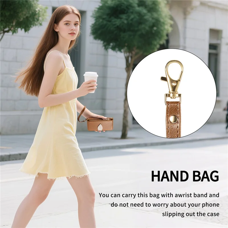 For iPhone 17 Pro Max Stand Case Leaf Shape Magnetic Clasp Leather Phone Cover with Hand Strap - Brown