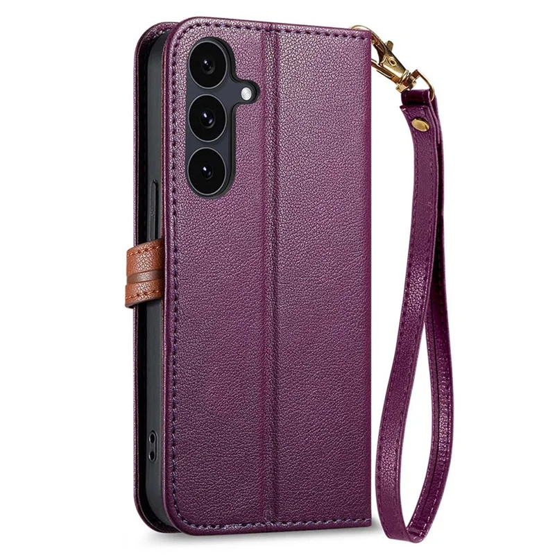 For Samsung Galaxy S25 Stand Case Leaf Shape Magnetic Clasp Leather Phone Cover with Hand Strap - Purple