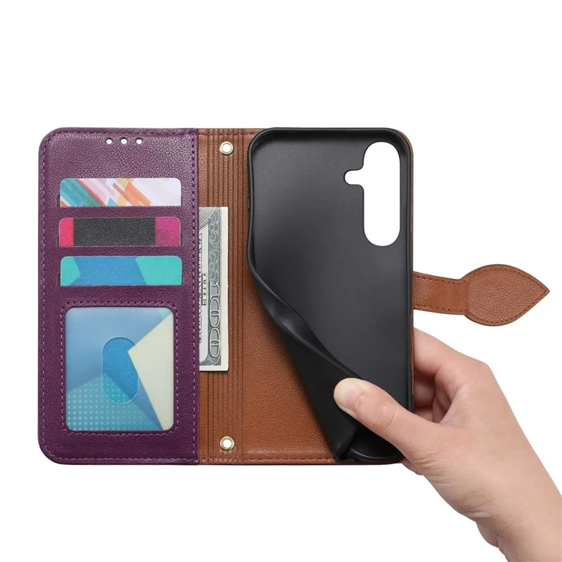 For Samsung Galaxy S25 Stand Case Leaf Shape Magnetic Clasp Leather Phone Cover with Hand Strap - Purple
