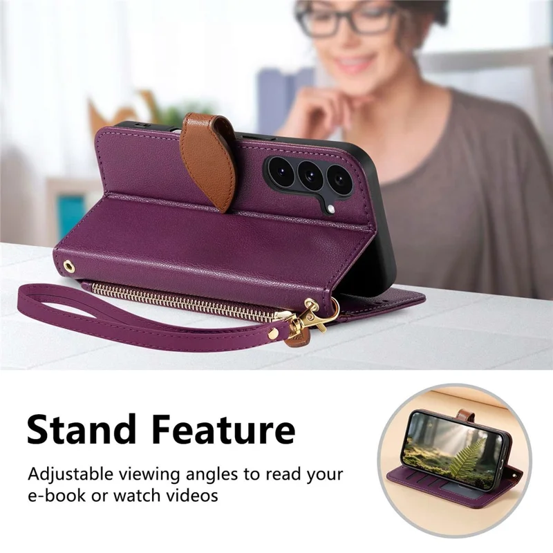 For Samsung Galaxy S24 Stand Case Leaf Shape Magnetic Clasp Leather Phone Cover with Hand Strap - Purple