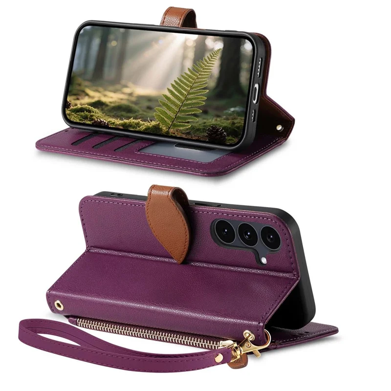 For Samsung Galaxy S25 FE Stand Case Leaf Shape Magnetic Clasp Leather Phone Cover with Hand Strap - Purple