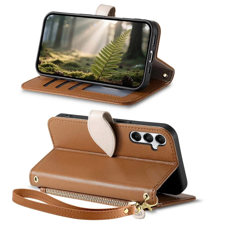 Stand Case for Samsung Galaxy A56 5G  /  Galaxy M56 5G Leaf Shape Magnetic Clasp Leather Phone Cover with Hand Strap - Brown
