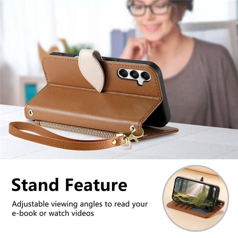 Stand Case for Samsung Galaxy A56 5G  /  Galaxy M56 5G Leaf Shape Magnetic Clasp Leather Phone Cover with Hand Strap - Brown