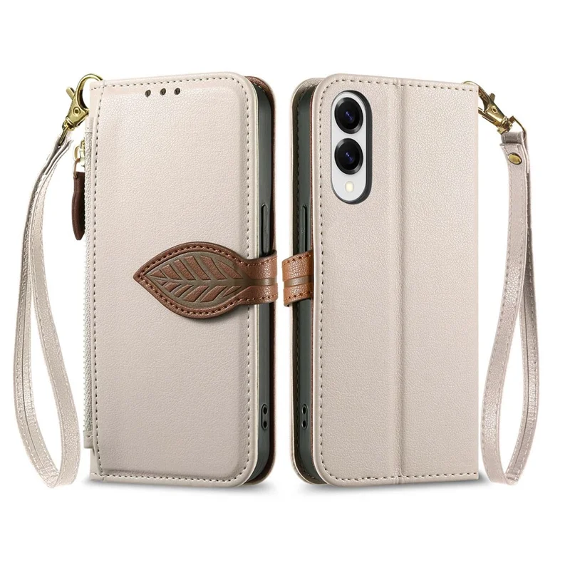 For Samsung Galaxy S25 Edge Stand Case Leaf Shape Magnetic Clasp Leather Phone Cover with Hand Strap - Beige
