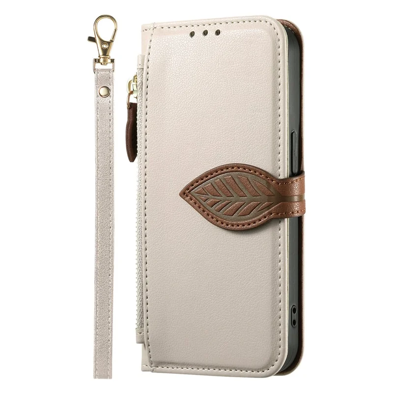 For Samsung Galaxy S25 Edge Stand Case Leaf Shape Magnetic Clasp Leather Phone Cover with Hand Strap - Beige