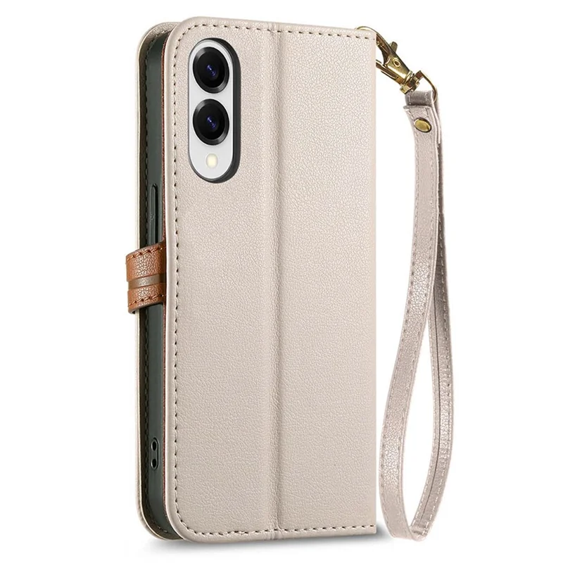 For Samsung Galaxy S25 Edge Stand Case Leaf Shape Magnetic Clasp Leather Phone Cover with Hand Strap - Beige