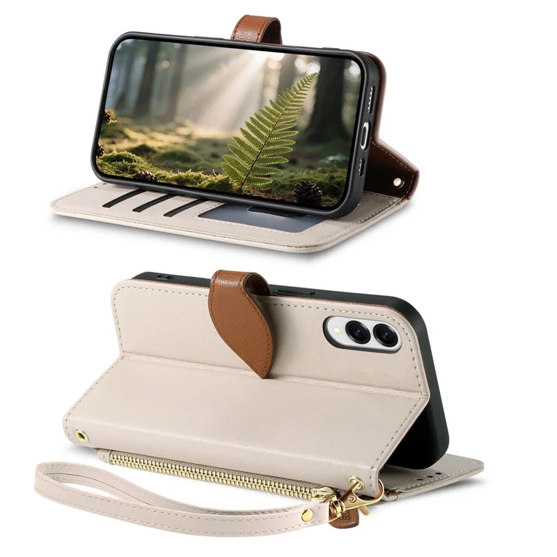 For Samsung Galaxy S25 Edge Stand Case Leaf Shape Magnetic Clasp Leather Phone Cover with Hand Strap - Beige
