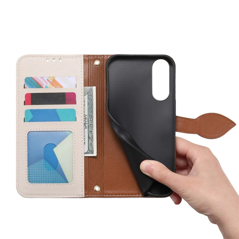 For Samsung Galaxy S25 Edge Stand Case Leaf Shape Magnetic Clasp Leather Phone Cover with Hand Strap - Beige