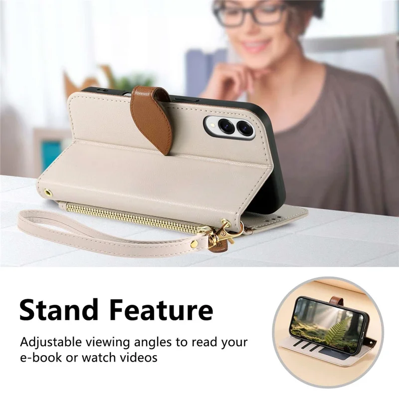 For Samsung Galaxy S25 Edge Stand Case Leaf Shape Magnetic Clasp Leather Phone Cover with Hand Strap - Beige