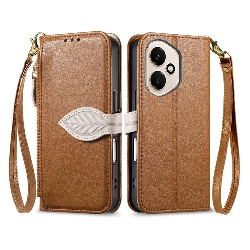 Cover per Honor 400 5G (Globale) con Custodia a Forma di Foglia, Chiusura Magnetica, Pelle per Telefono con Cinturino a Mano - Marrone