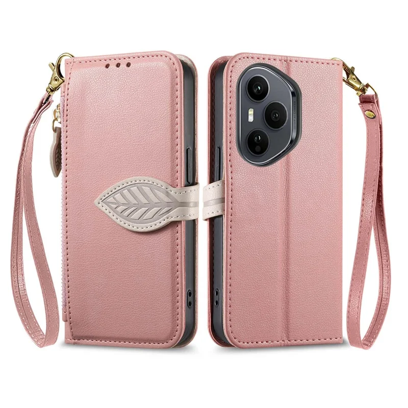 For Honor 400 Pro 5G (Global) Stand Case Leaf Shape Magnetic Clasp Leather Phone Cover with Hand Strap - Rose Gold