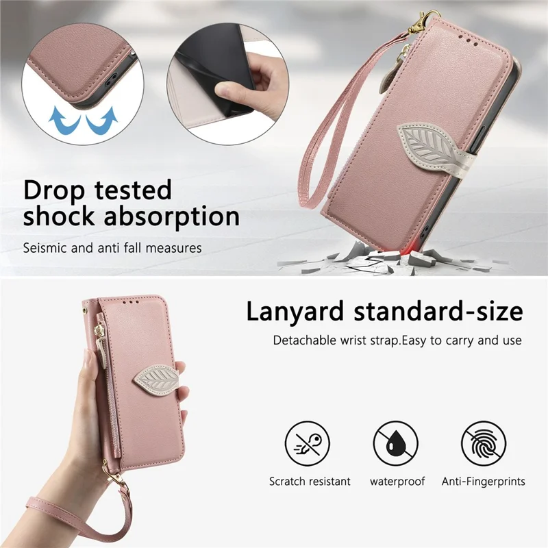 For Honor 400 Pro 5G (Global) Stand Case Leaf Shape Magnetic Clasp Leather Phone Cover with Hand Strap - Rose Gold